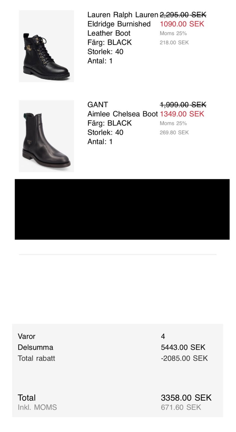 Kundens kvitto på de nyköpta skorna. Värdet på de borttappade skorna var strax ver 5 400 kronor. Med rabatter kostade skinn- och läderskorna över 3 300 kronor. Ersättningen för de borttappade varorna blev totalt 1 490 kronor. Foto: Privat Kundens kvitto på de nyköpta skorna. Värdet på de borttappade skorna var strax ver 5 400 kronor. Med rabatter kostade skinn- och läderskorna över 3 300 kronor. Ersättningen för de borttappade varorna blev totalt 1 490 kronor. Foto: Privat